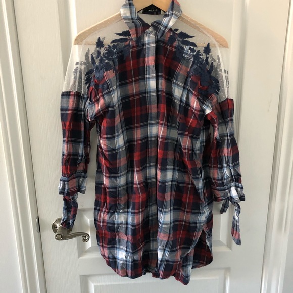 Zara plaid Blue/Red with sheer flower detail dress size L